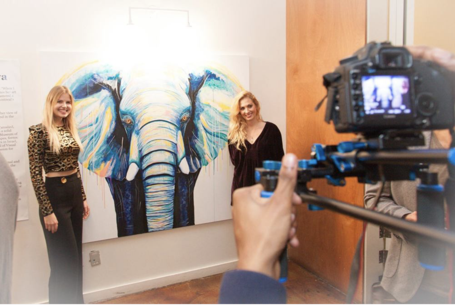 Ekaterina Sky beside her Animalize elephant painting at the solo exhibition, with a film crew